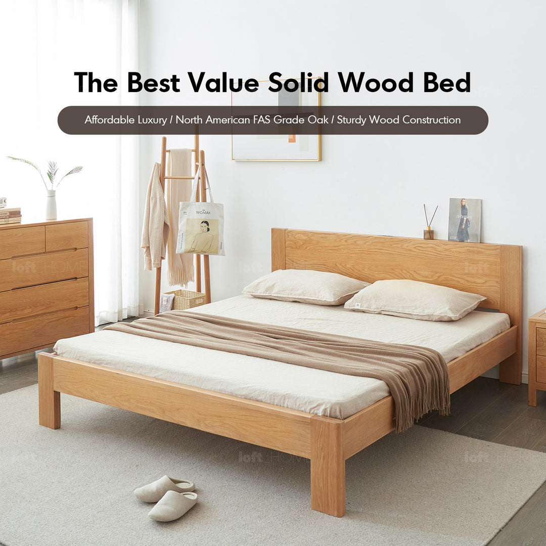 Scandinavian oak wood bed velora in panoramic view.