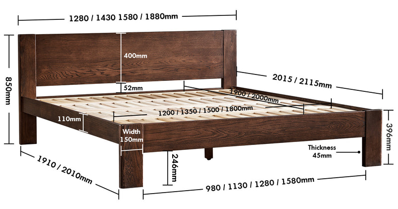 Scandinavian Oak Wood Bed VELORA Size Chart