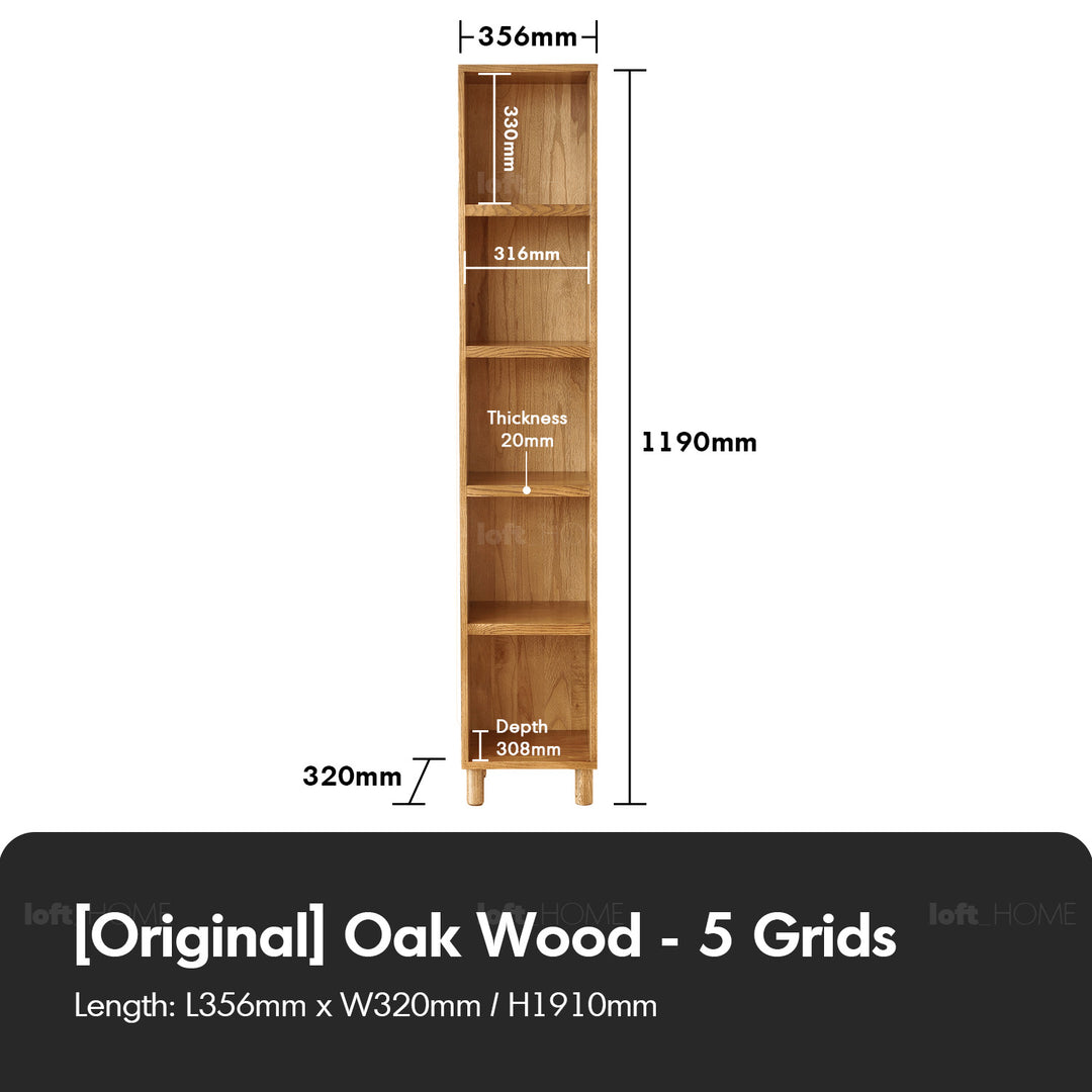 Scandinavian oak wood shelf bookshelf gerin in panoramic view.