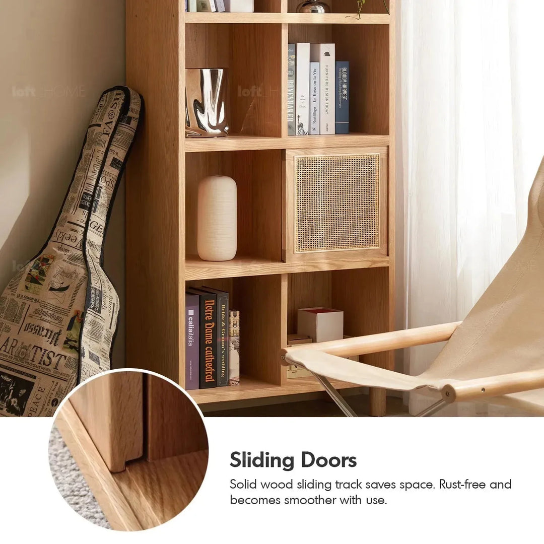 Scandinavian oak wood shelf bookshelf optional door gerin in close up details.