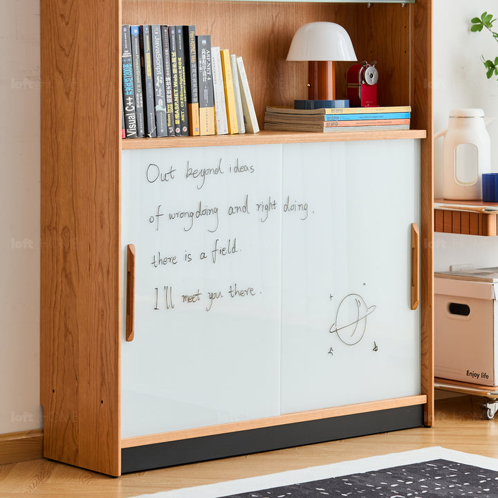 Scandinavian cherry wood bookshelf display cabinet timeless layered structure.