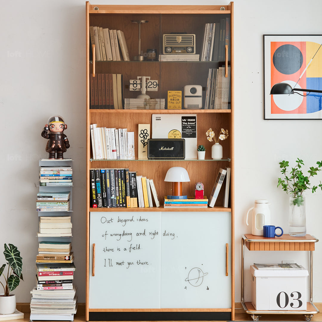 Scandinavian cherry wood bookshelf display cabinet timeless color swatches.