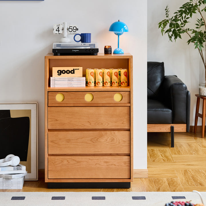 Scandinavian cherry wood chest of drawers timeless 5 in white background.