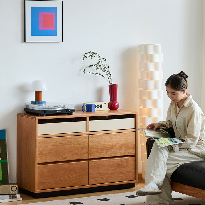 Scandinavian cherry wood chest of drawers timeless 6 in white background.
