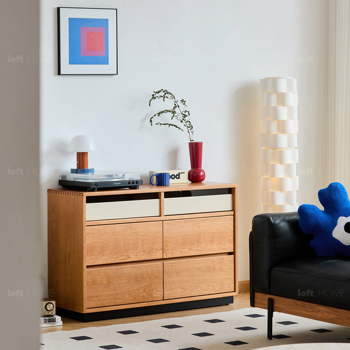 Scandinavian cherry wood chest of drawers timeless 6 in panoramic view.