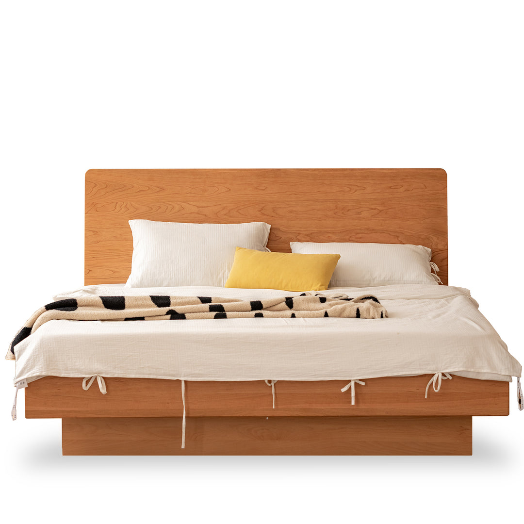 Scandinavian cherry wood electric lift-up storage bed coastal in white background.