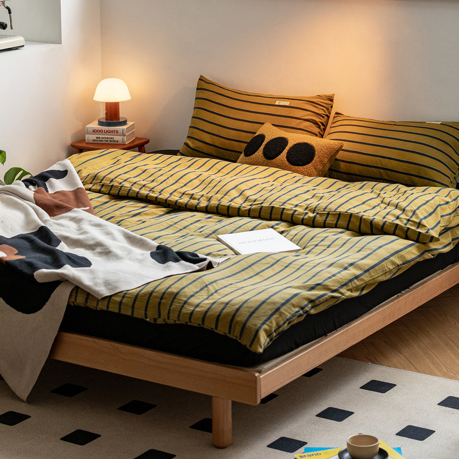 Scandinavian cherry wood platform bed isle primary product view.