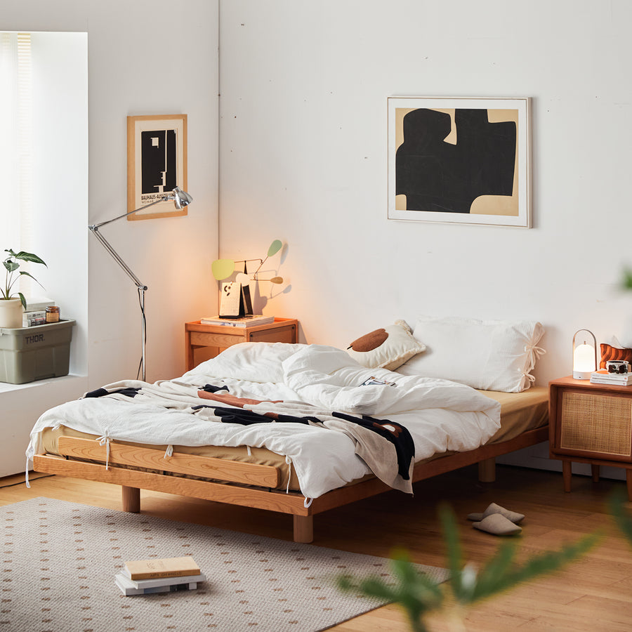 Scandinavian cherry wood platform bed small size charts.