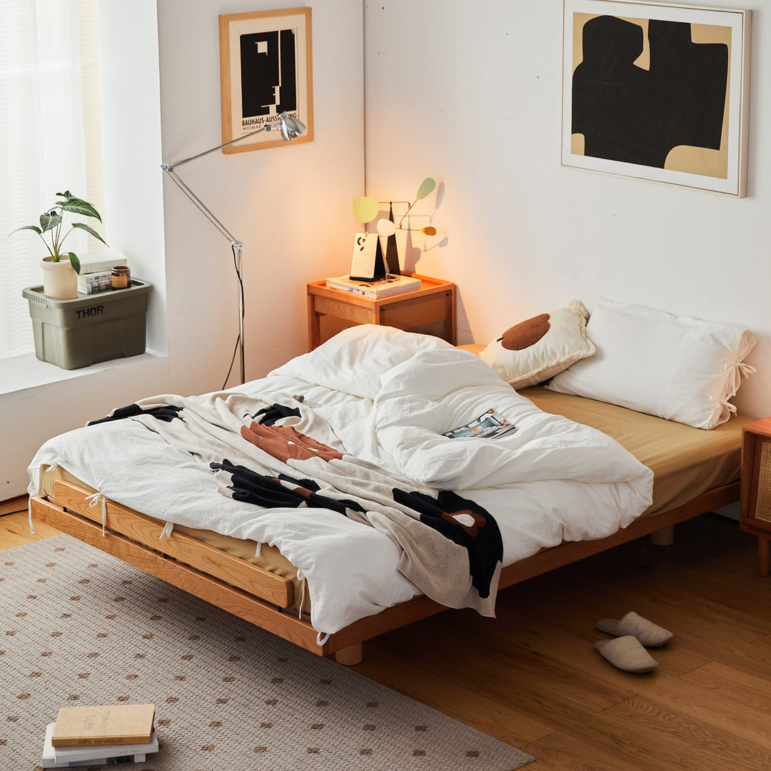 Scandinavian cherry wood platform bed small color swatches.