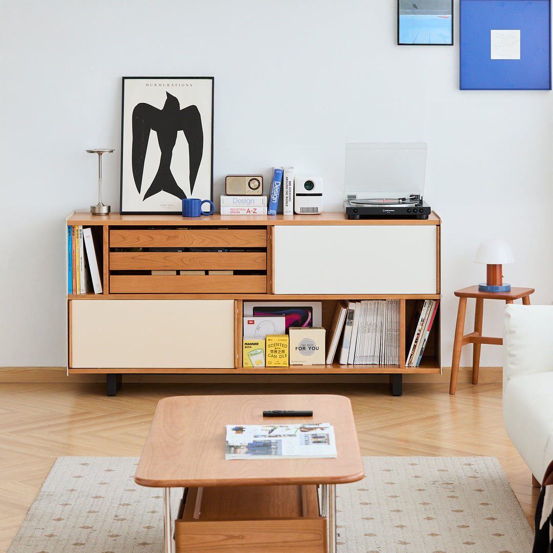 Scandinavian cherry wood side cabinet timeless in white background.