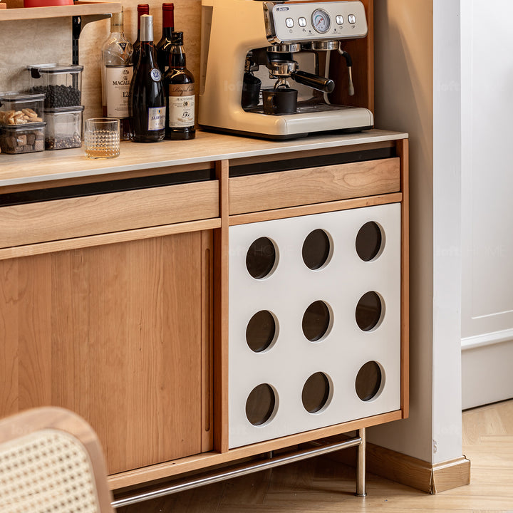 Scandinavian cherry wood sintered stone storage side cabinet timeless layered structure.