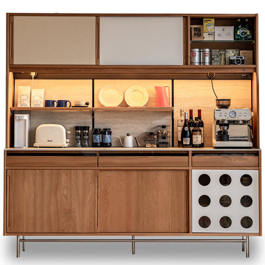 Scandinavian cherry wood sintered stone storage side cabinet timeless in white background.