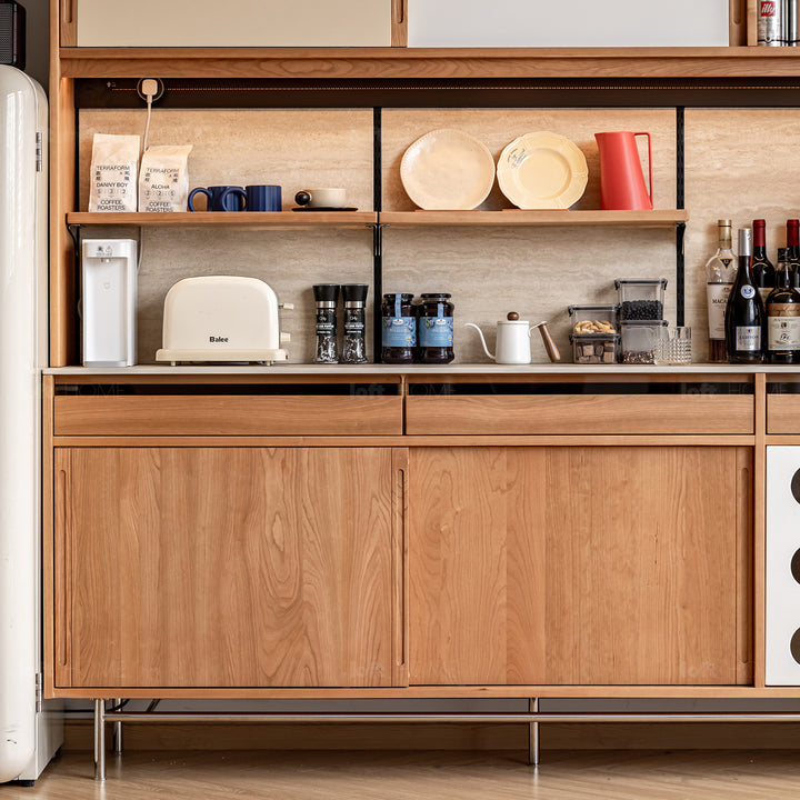 Scandinavian cherry wood sintered stone storage side cabinet timeless in close up details.