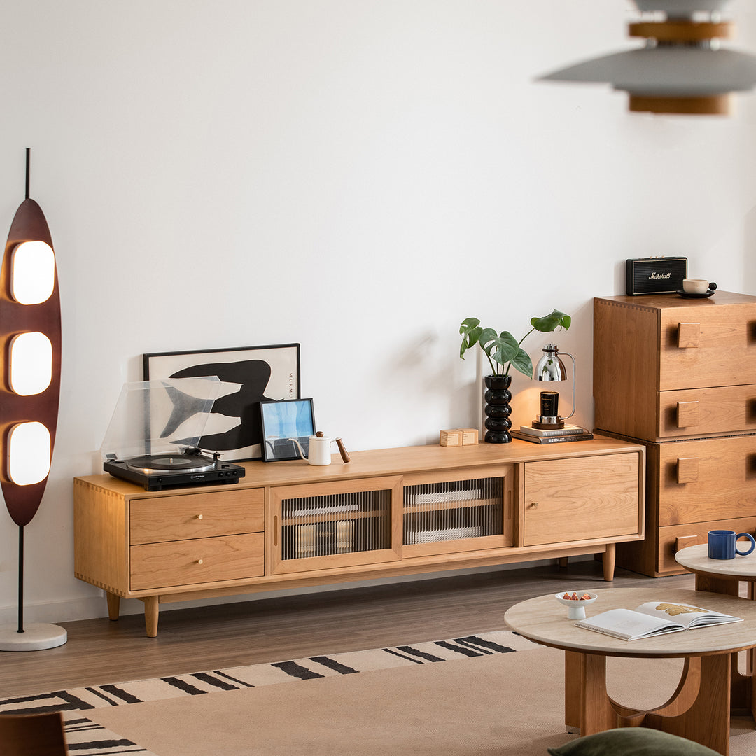 Scandinavian cherry wood tv console green primary product view.