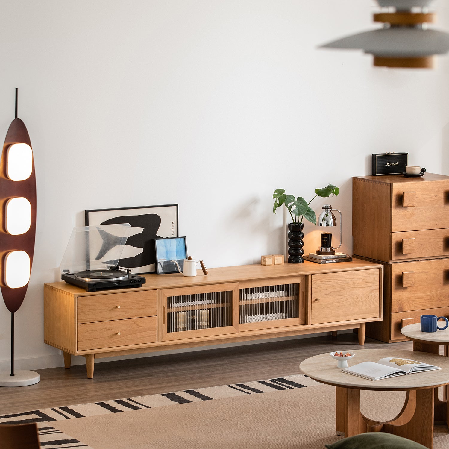 Scandinavian cherry wood tv console green primary product view.
