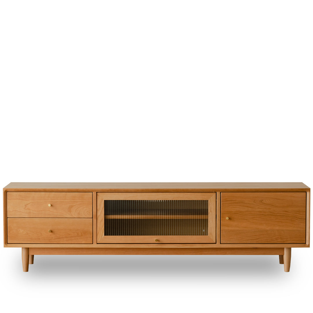 Scandinavian cherry wood tv console green in white background.
