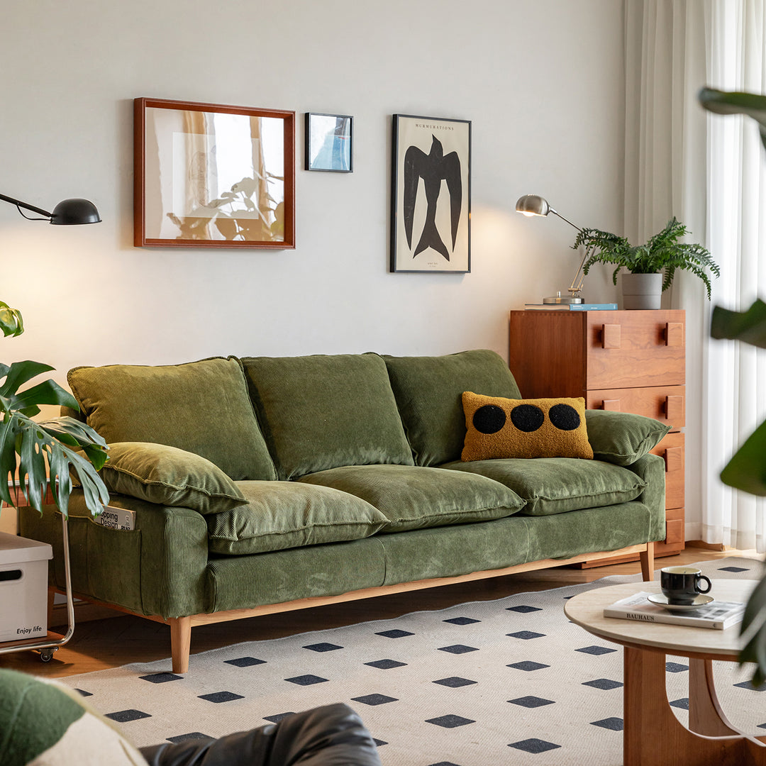 Scandinavian corduroy velvet fabric 3 seater sofa indigo primary product view.