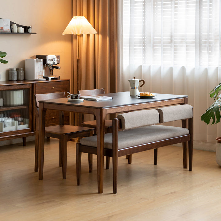 Scandinavian oak wood mixed weave fabric dining bench pillar walnut in still life.