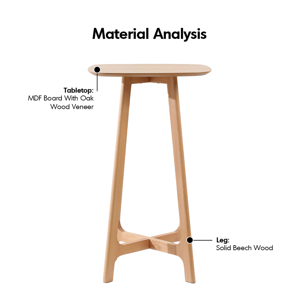 Scandinavian oak wood veneer round bar table orbit in details.