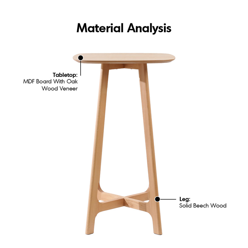 Scandinavian oak wood veneer round bar table orbit in details.