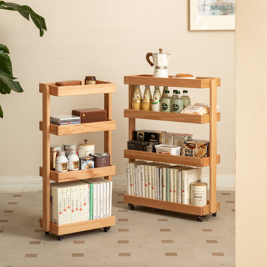 Scandinavian oak wood wheeled trolley side table mira primary product view.