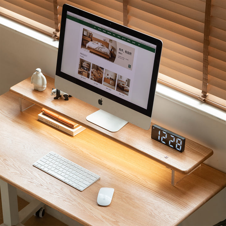 Scandinavian wood desktop monitor stand shelf aeris with context.