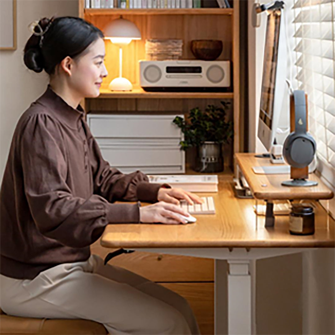 Scandinavian wood desktop monitor stand shelf aeris in details.