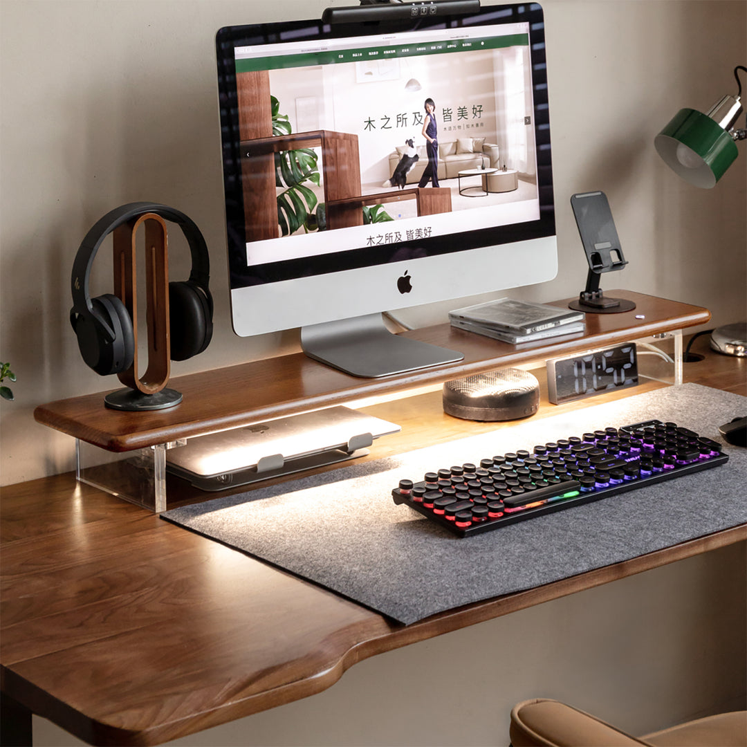 Scandinavian wood desktop monitor stand shelf aeris in panoramic view.