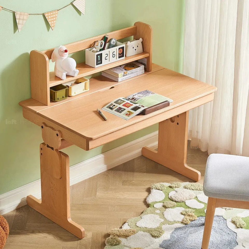 Scandinavian wood kids study table elevate in details.