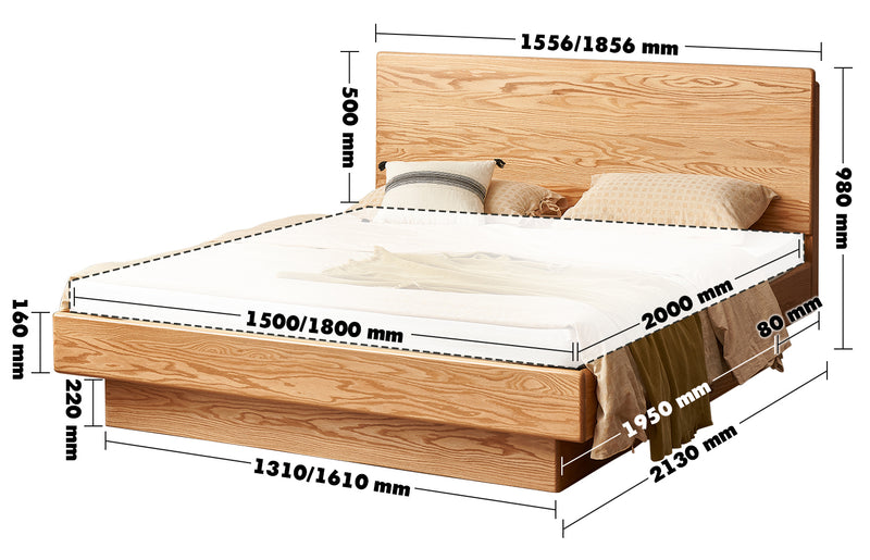 Scandinavian Wood Storage Bed Frame OAKMIST Size Chart