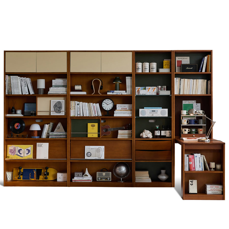 Vintage boxwood extendable study desk boodshelf mies in white background.