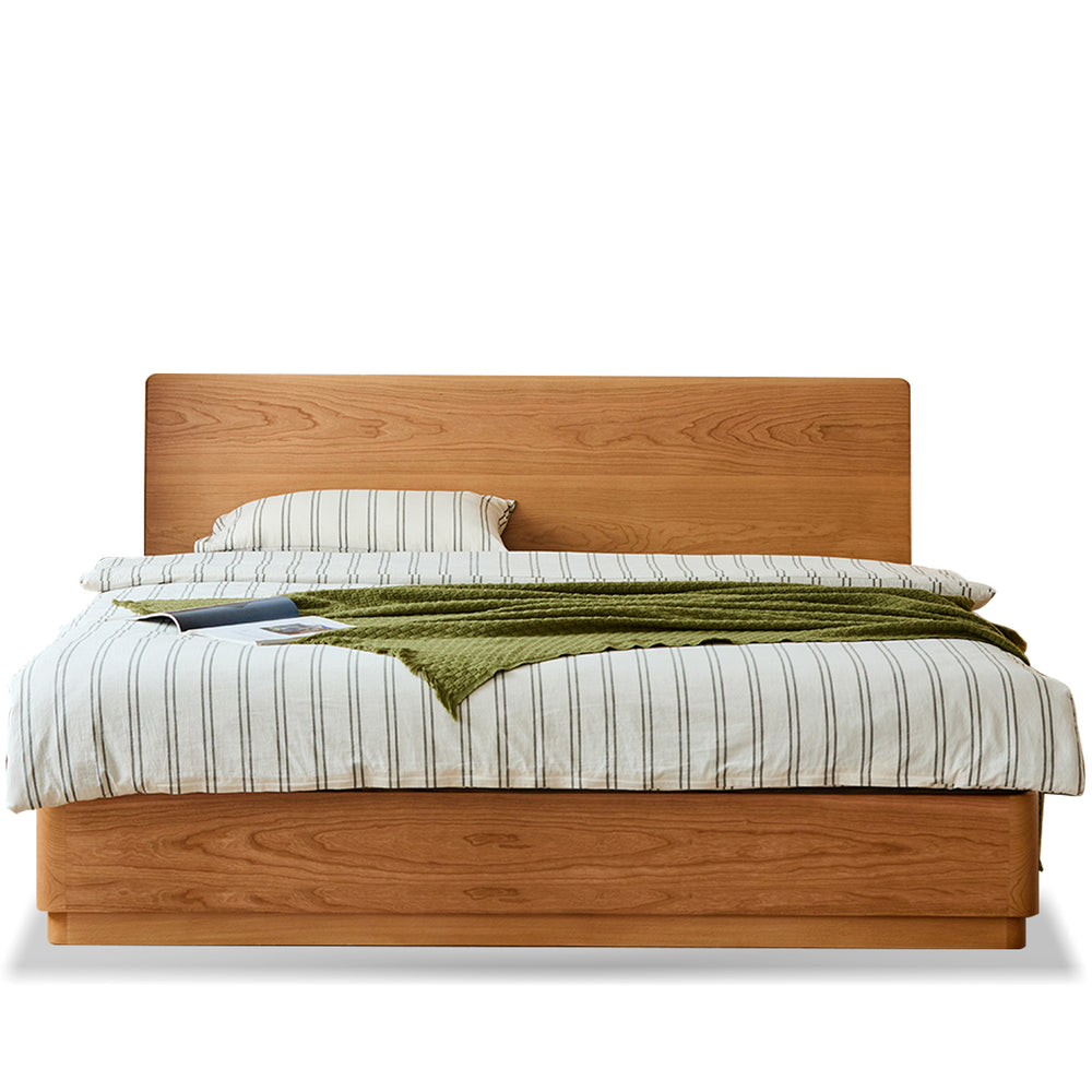 Scandinavian cherry wood lift-up storage bed square box in white background.