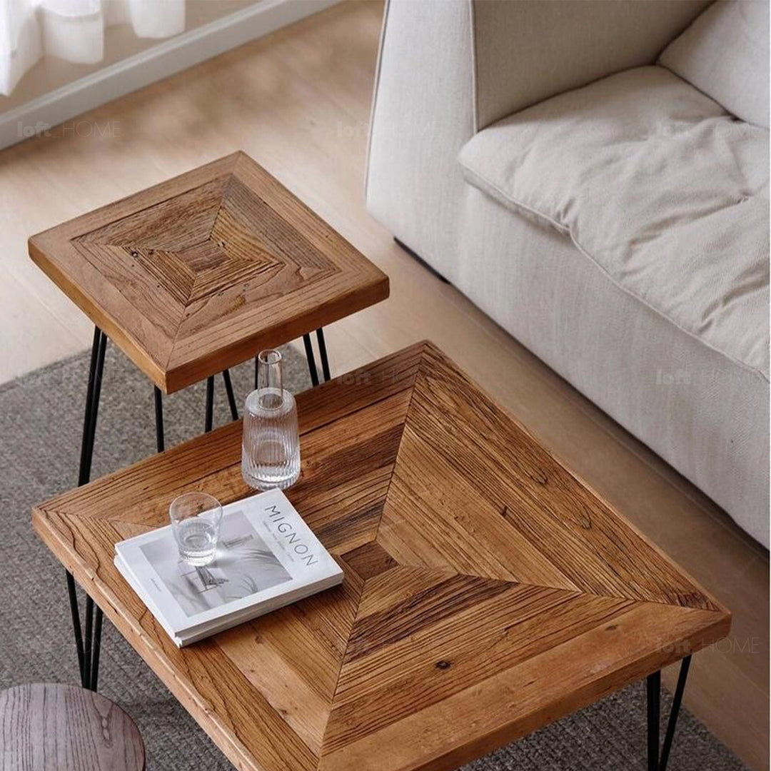 Rustic Elm Wood Square Side Table VELVET ELM Detail