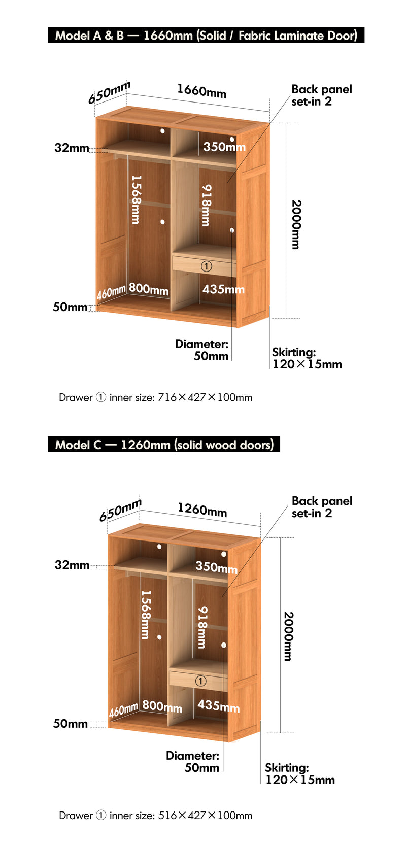 Scandinavian Cherry Wood Sliding Door Wardrobe KANGAROO Size Chart