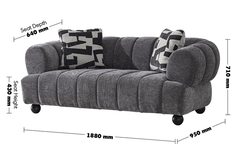 Modern Velvet Fabric 2 Seater Sofa RAVEN Size Chart
