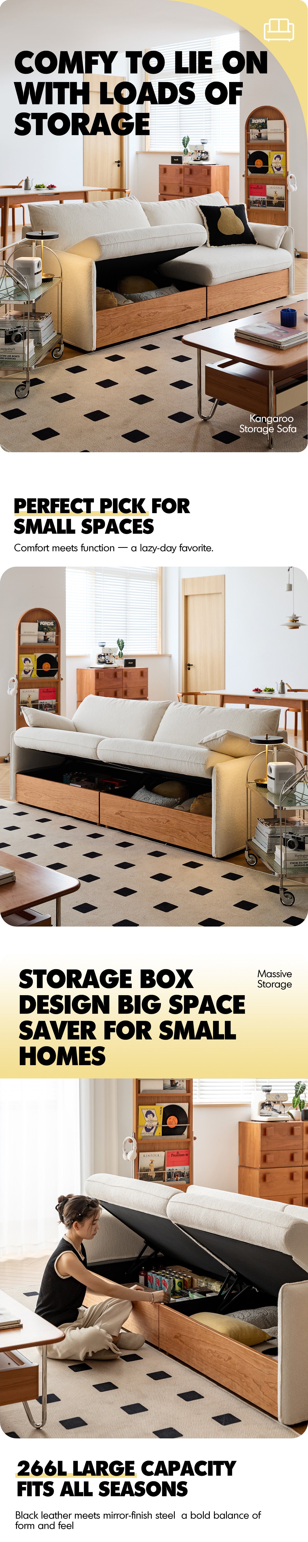 Scandinavian Boucle Fabric Pine Wood Storage 2 Seater Sofa KANGAROO Good to Know - 1