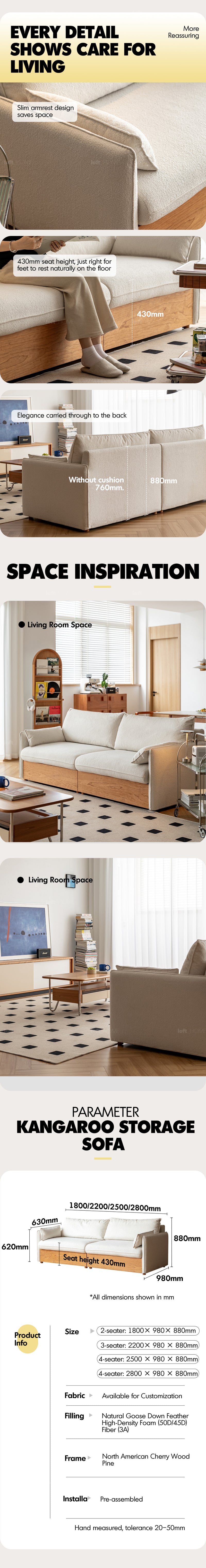 Scandinavian Boucle Fabric Pine Wood Storage 2 Seater Sofa KANGAROO Good to Know - 16
