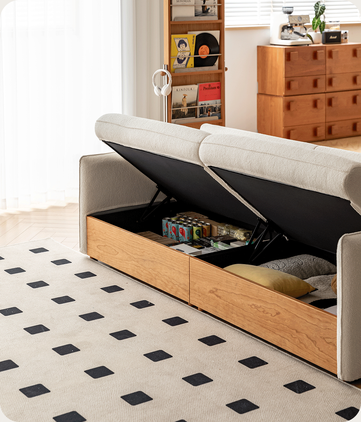 Scandinavian Boucle Fabric Pine Wood Storage 2 Seater Sofa KANGAROO Good to Know - 2