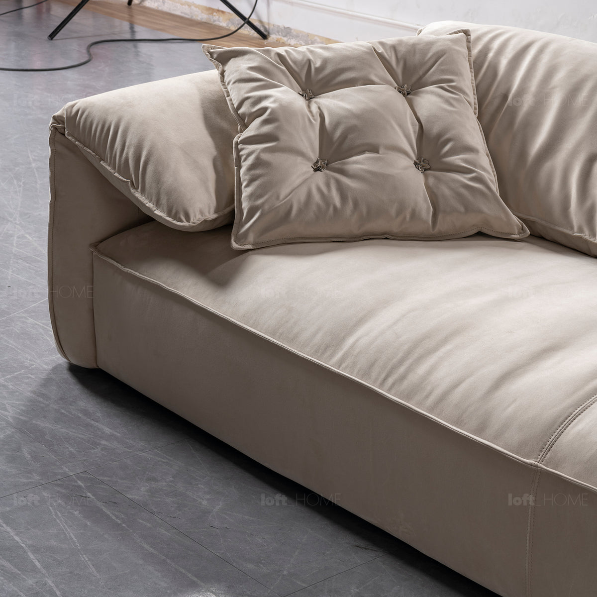 Bauhaus suede fabric 3 seater sofa casablanca in close up details.