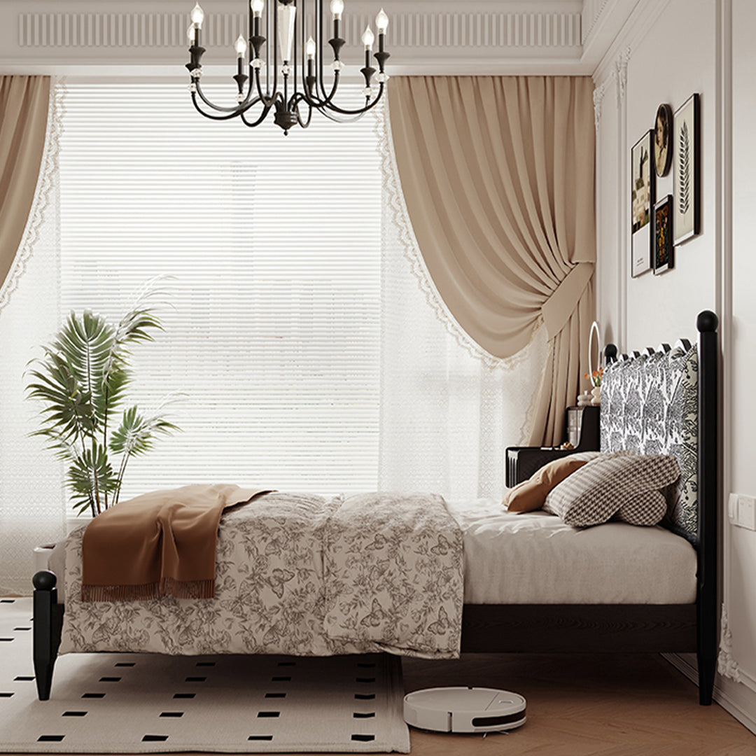 Vintage ash wood bed regal in panoramic view.