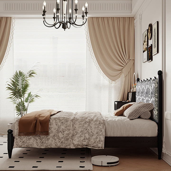 Vintage ash wood bed regal in panoramic view.