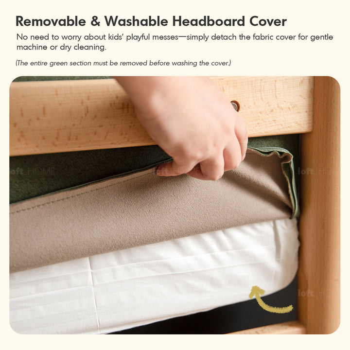 Vintage beech wood velvet fabric kids bed mag detail 1.