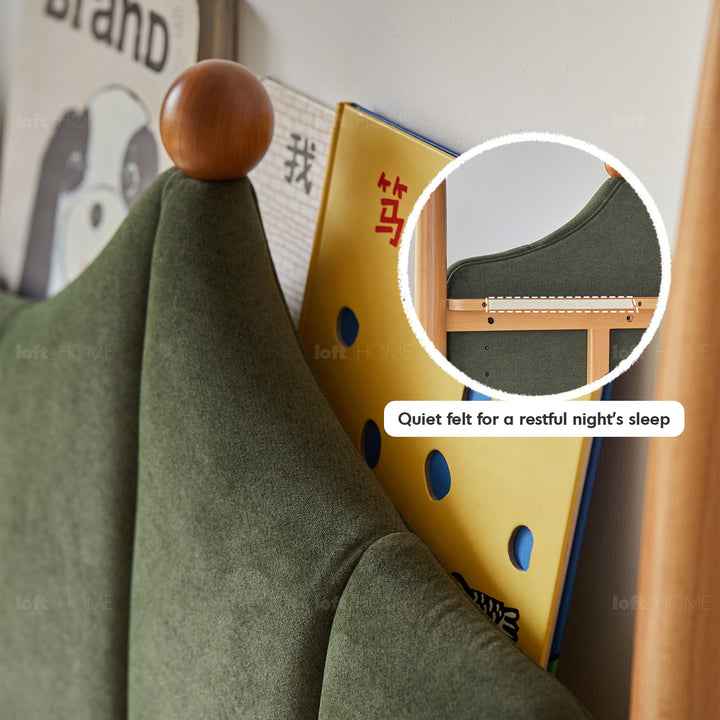 Vintage beech wood velvet fabric kids bed mag detail 3.