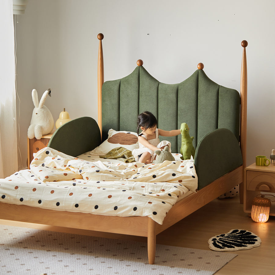 Vintage beech wood velvet fabric kids bed mag primary product view.