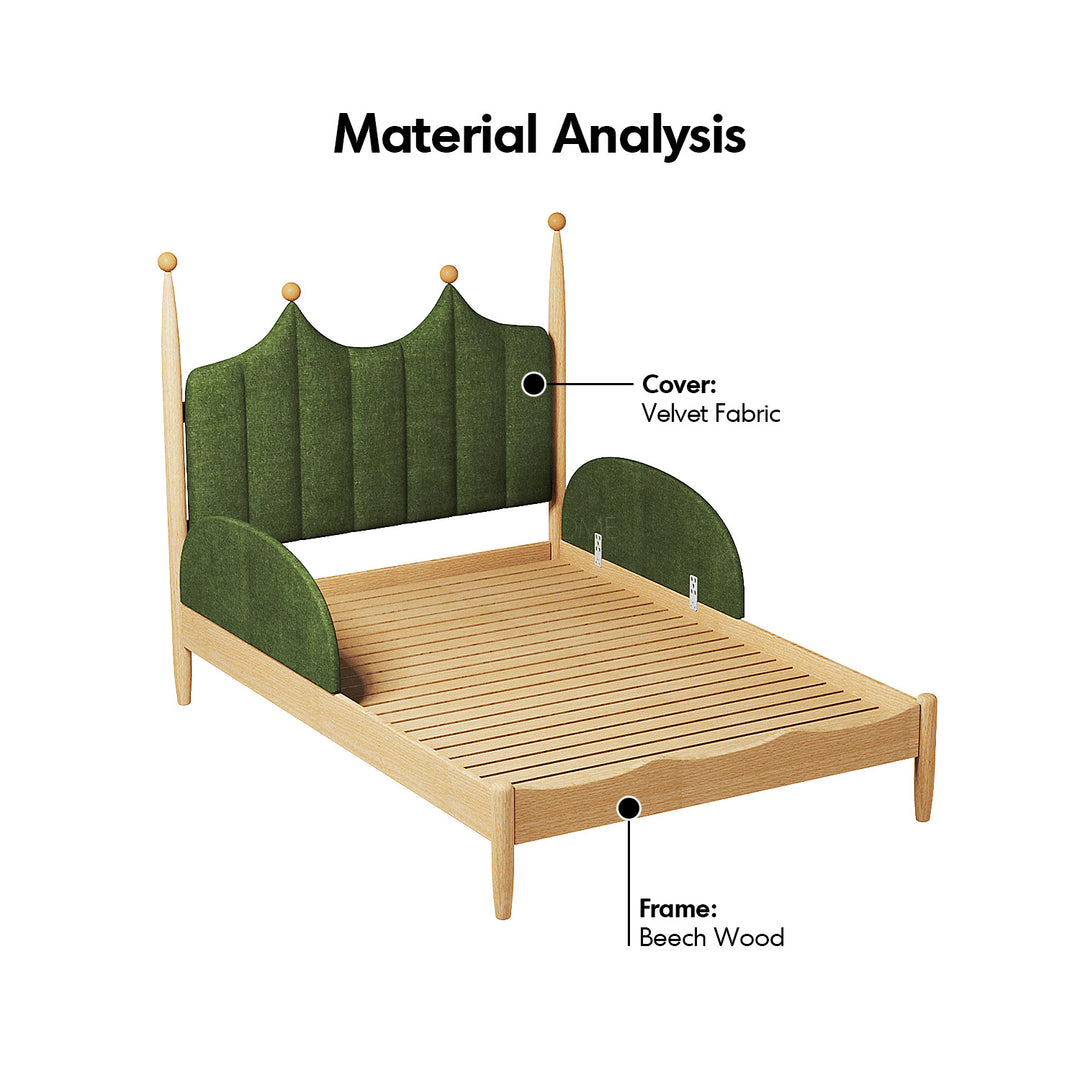 Vintage beech wood velvet fabric kids bed mag detail 11.