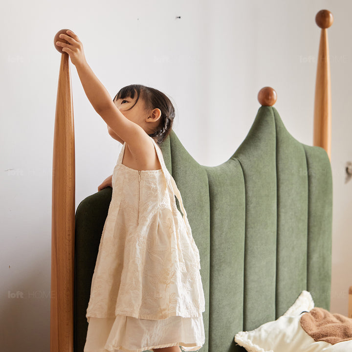 Vintage beech wood velvet fabric kids bed mag detail 13.