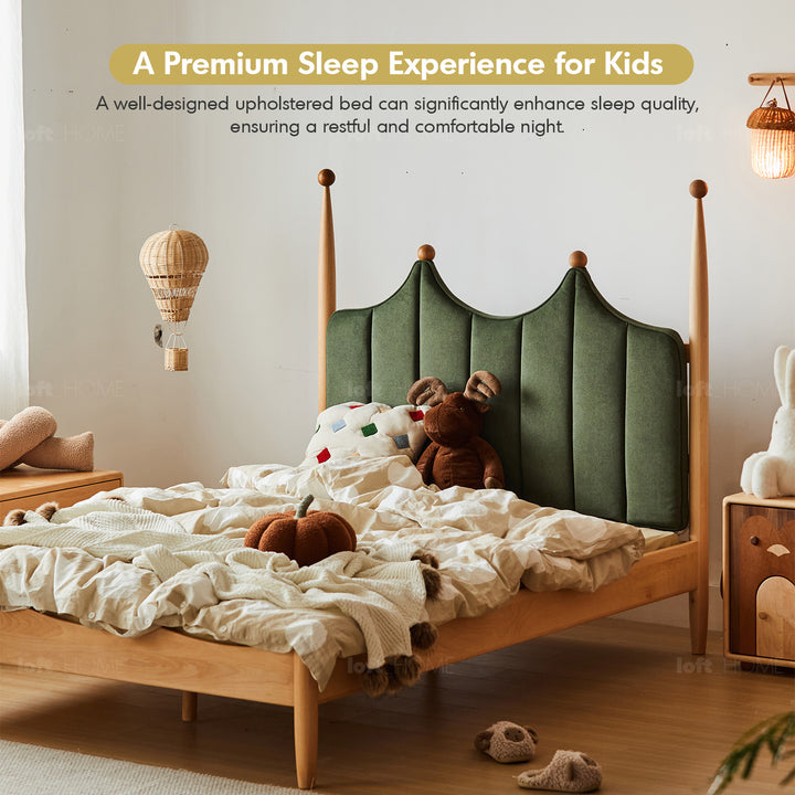 Vintage beech wood velvet fabric kids bed mag in real life style.
