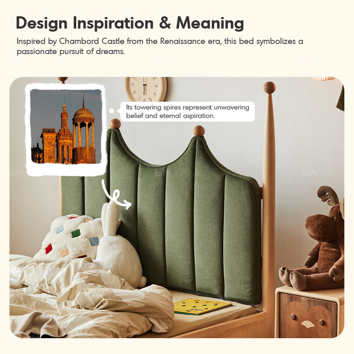Vintage beech wood velvet fabric kids bed mag with context.