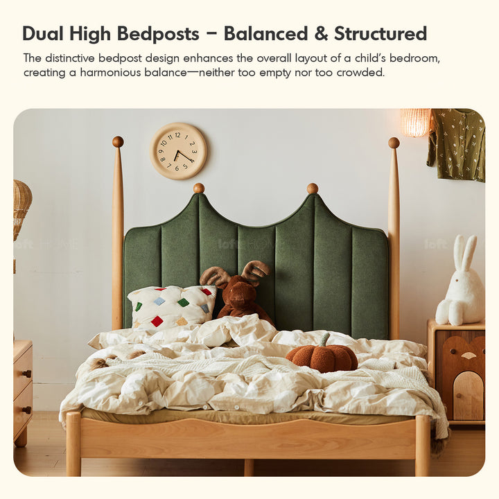 Vintage beech wood velvet fabric kids bed mag in details.