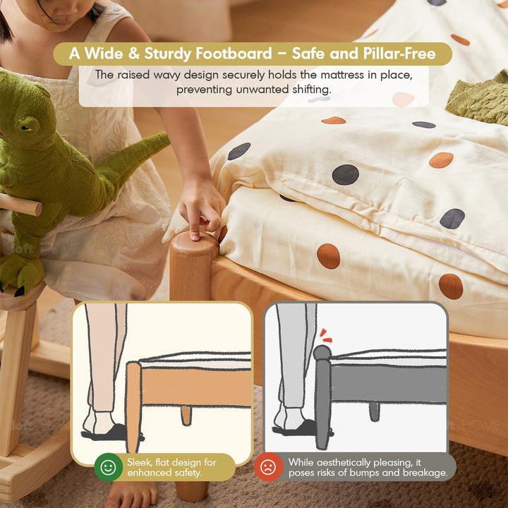 Vintage beech wood velvet fabric kids bed mag in close up details.